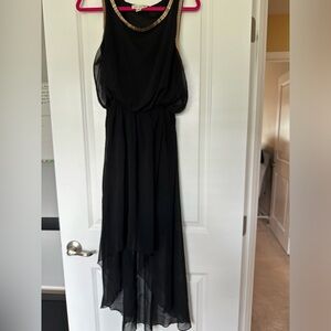 Black Midi Sheer Dress with Slip and Gold Chain Detail. Size medium.